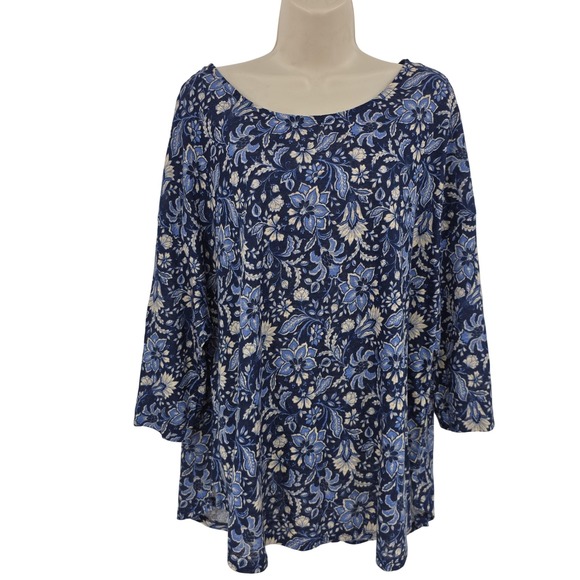 Rachel Zoe Tops - Rachel Zoe Linen Top Women 2X Blue Floral Scoop Neck Tunic Beachy Coastal Resort